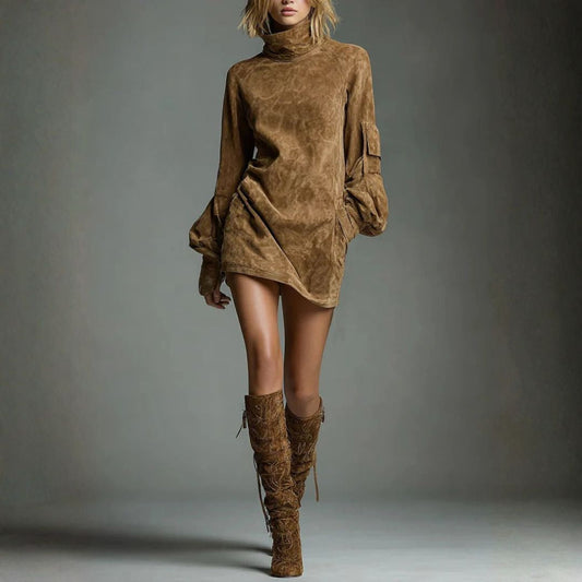 Loose Suede Mini Dress with High Collar